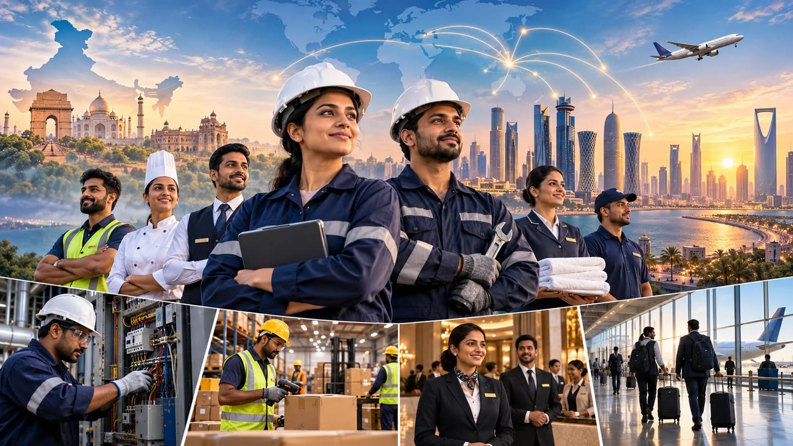Indian technical and hospitality professionals with Gulf skylines and scenes of international employment