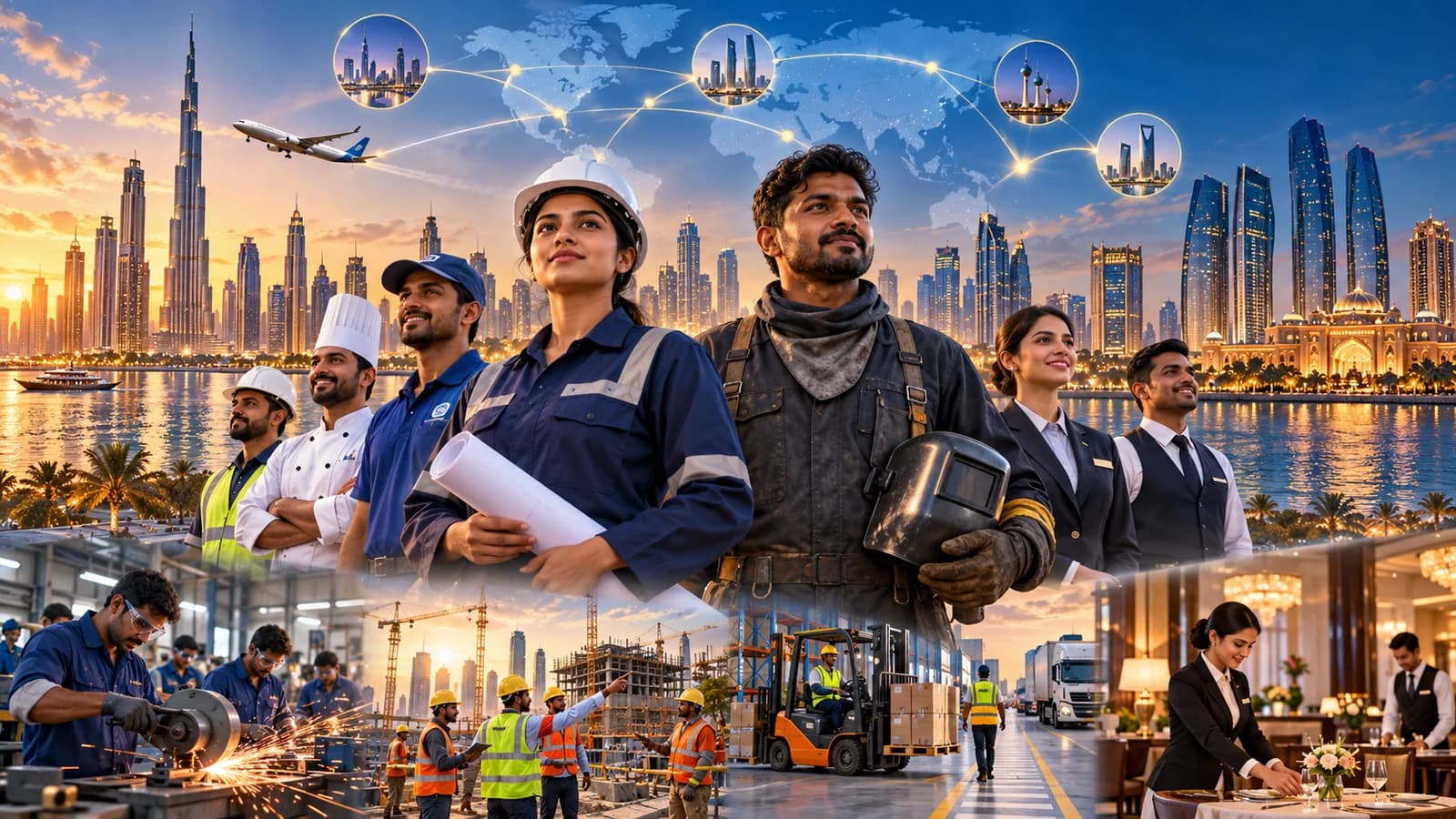 Indian engineers and skilled workers with Dubai skylines, training, construction and logistics opportunities