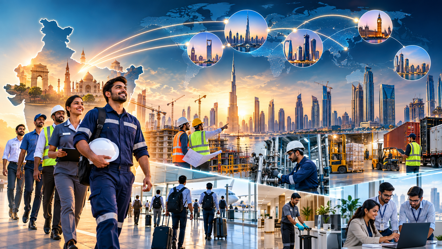 Indian skilled professionals connecting with overseas careers across construction, logistics, hospitality and global destinations